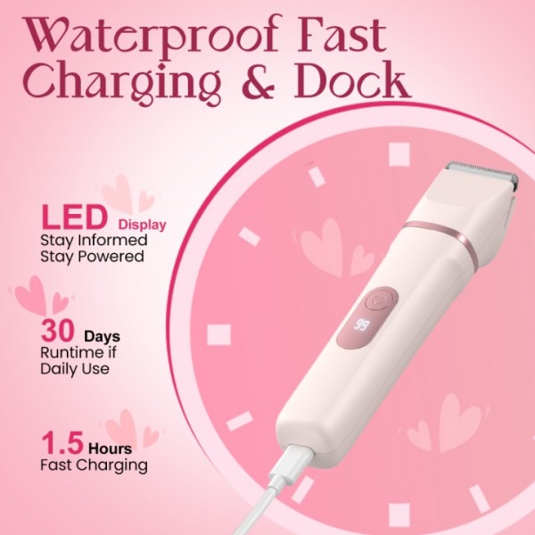 Bikini Trimmer Women, 3-in-1 Lady Shavers for Woman with LED Display - Painless Electric Razors for Silk Skin, Pubic Hair Trimmer for Women, IPX7 & Easy Cleaning, Ceramic Blade, USB Charge Dock, Pink