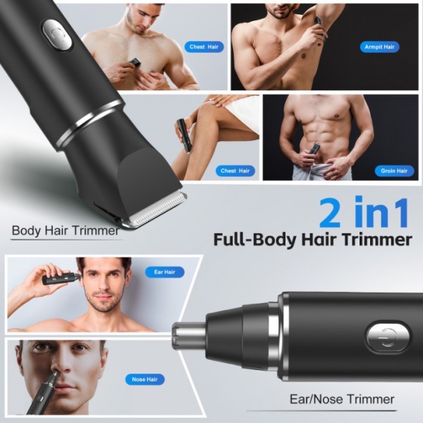 Body Hair Trimmer Men, 2-in-1 Grooming Kit, Ball Trimmer with Nose Hair Trimmer, Replaceable Ceramic Blade Heads for Men for Legs, Chest, Armpit and Nose, 2 Sensitive Combs, Waterproof, Travel Lock