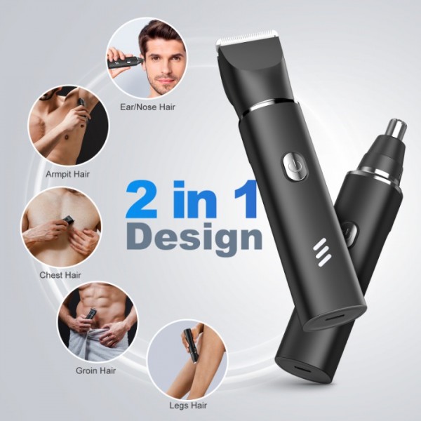 Body Hair Trimmer Men, 2-in-1 Grooming Kit, Ball Trimmer with Nose Hair Trimmer, Replaceable Ceramic Blade Heads for Men for Legs, Chest, Armpit and Nose, 2 Sensitive Combs, Waterproof, Travel Lock